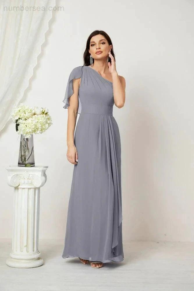 Numbersea  Chiffon Ruffled One Shoulder Long Bridesmaid Dresses A-line Formal Evening Gown Side Split 2809