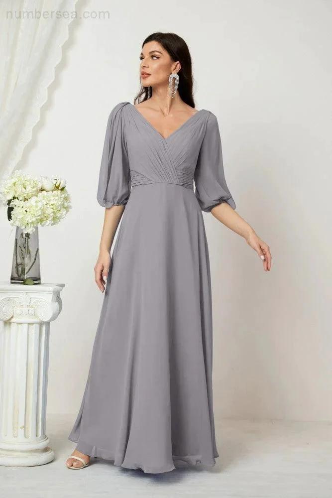 Numbersea  Formal Prom Gown Women V-Neck Chiffon Bridesmaid Dresses Long Bishop Sleeve Party Dress 2807