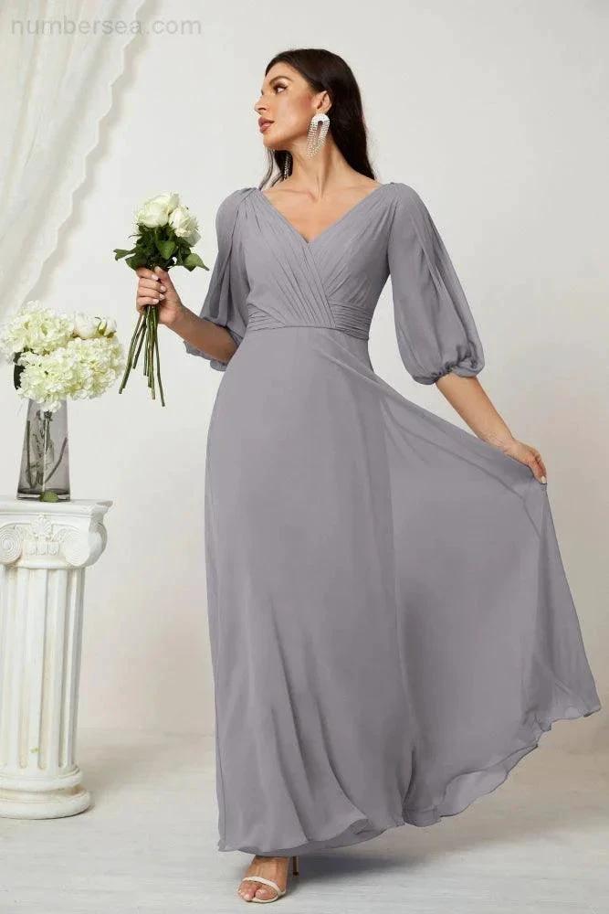 Numbersea  Formal Prom Gown Women V-Neck Chiffon Bridesmaid Dresses Long Bishop Sleeve Party Dress 2807