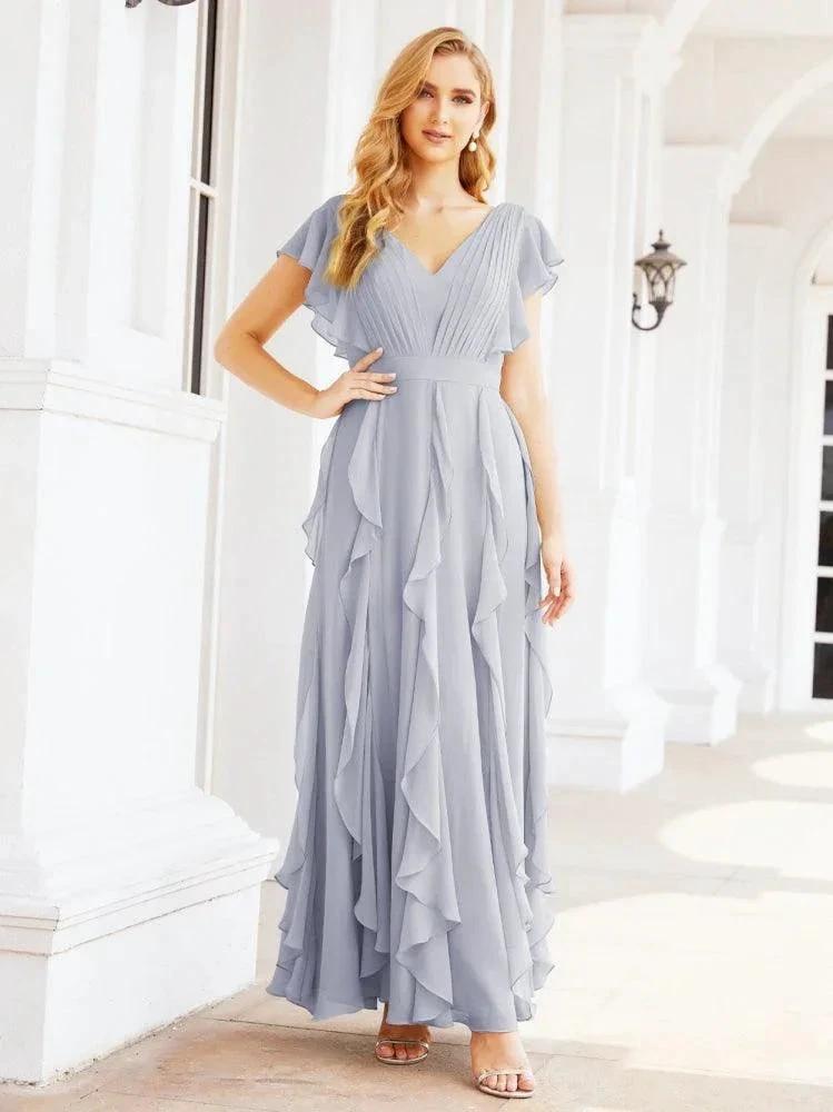 Ruffled Bridesmaid Dresses with Sleeves Long Formal Party Dress 28041