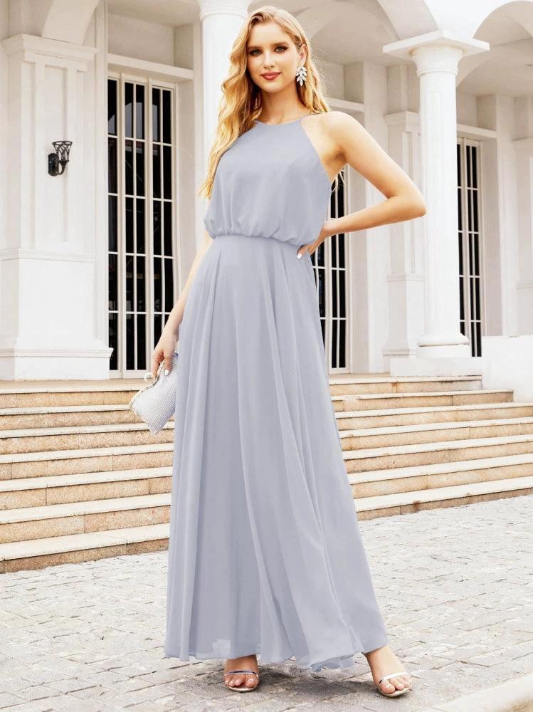 Numbersea  Halter Long Bridesmaid Dresses Formal A line Juniors Dress 28029