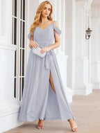 Numbersea Off The Shoulder Chiffon Bridesmaid Dress Long Formal Graduation Gown with Cowl Back 28069