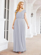 Numbersea V-Neck Bridesmaid Dresses Long Cap Sleeves Prom Evening Formal Gowns 28071