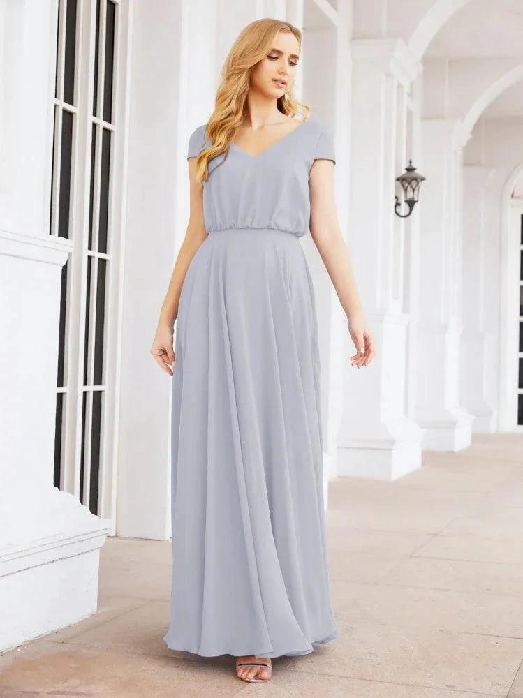 Numbersea V-Neck Bridesmaid Dresses Long Cap Sleeves Prom Evening Formal Gowns 28071