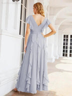 Ruffled Bridesmaid Dresses with Sleeves Long Formal Party Dress 28041