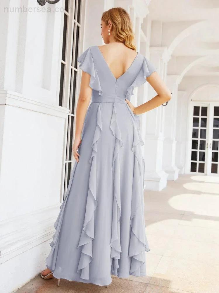 Ruffled Bridesmaid Dresses with Sleeves Long Formal Party Dress 28041
