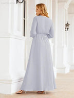 Sunnderly Women's Chiffon Bridesmaid Dress A line Long Sleeves Formal Evening Prom Gown for Wedding Guest SY28032