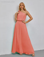 Ruffled One Shoulder Sleeveless Long Bridesmaid Dresses A-line Formal Evening Gown Side Split 28080