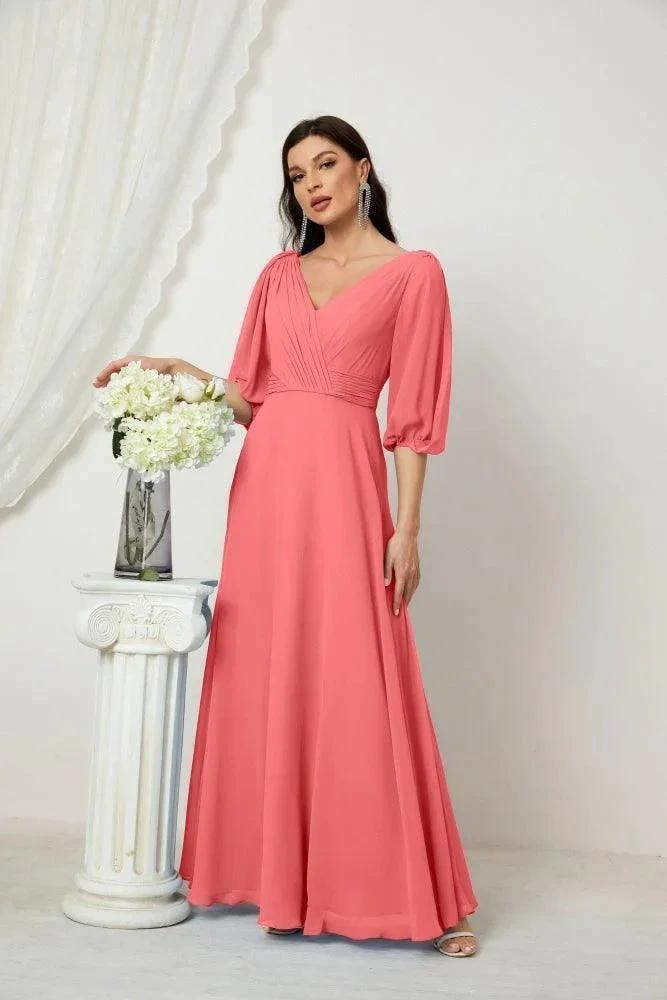 Numbersea  Formal Prom Gown Women V-Neck Chiffon Bridesmaid Dresses Long Bishop Sleeve Party Dress 2807