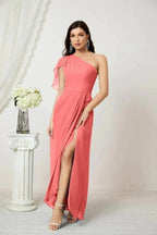 Numbersea  Chiffon Ruffled One Shoulder Long Bridesmaid Dresses A-line Formal Evening Gown Side Split 2809