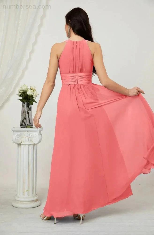 Numbersea Formal Party Gown Dress Chiffon Halter Long Sleeveless Bridesmaid Dresses 2802