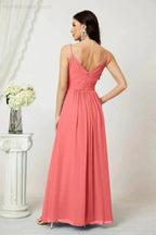 Numbersea Chiffon V-Neck Bridesmaid Dress Spaghetti Strap Long Formal Party Prom Gowns with Slit 28010
