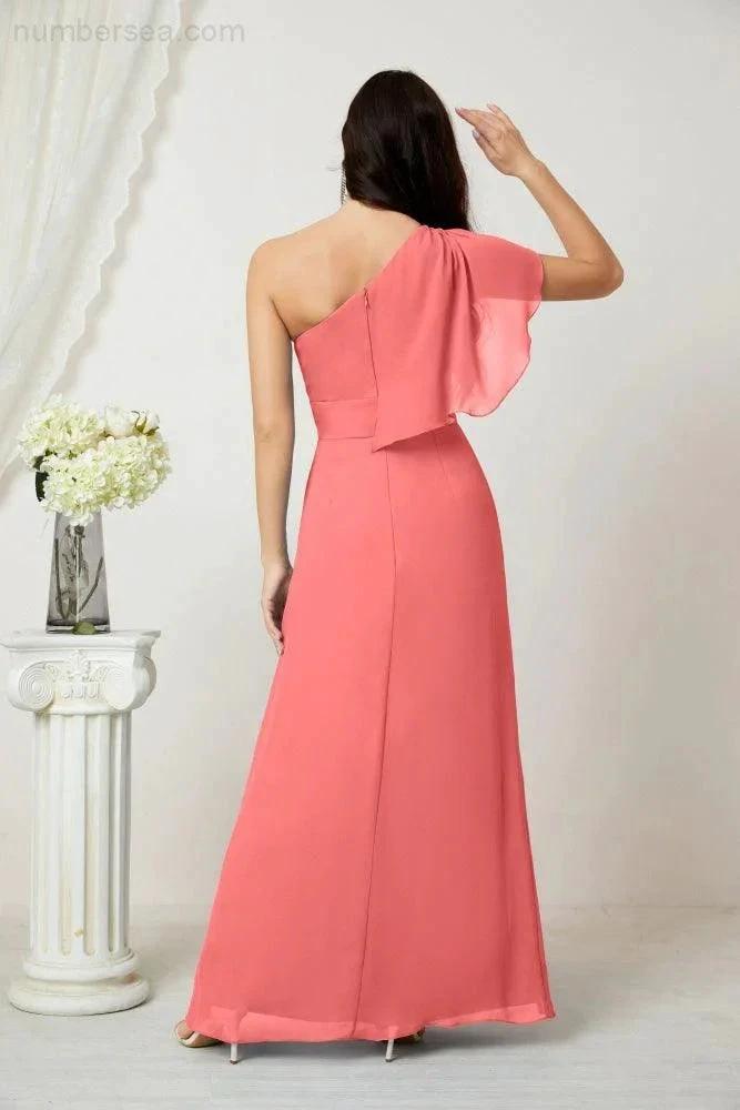 Numbersea  Chiffon Ruffled One Shoulder Long Bridesmaid Dresses A-line Formal Evening Gown Side Split 2809