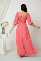 Numbersea  Formal Prom Gown Women V-Neck Chiffon Bridesmaid Dresses Long Bishop Sleeve Party Dress 2807