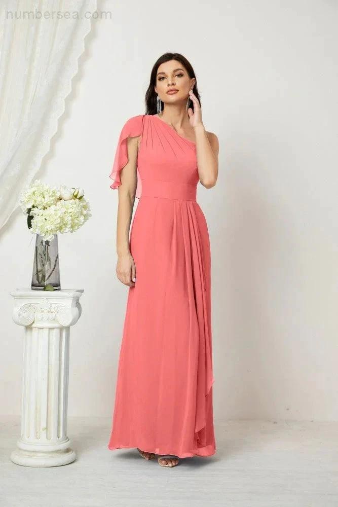 Numbersea  Chiffon Ruffled One Shoulder Long Bridesmaid Dresses A-line Formal Evening Gown Side Split 2809