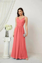 Numbersea Chiffon V-Neck Bridesmaid Dress Spaghetti Strap Long Formal Party Prom Gowns with Slit 28010
