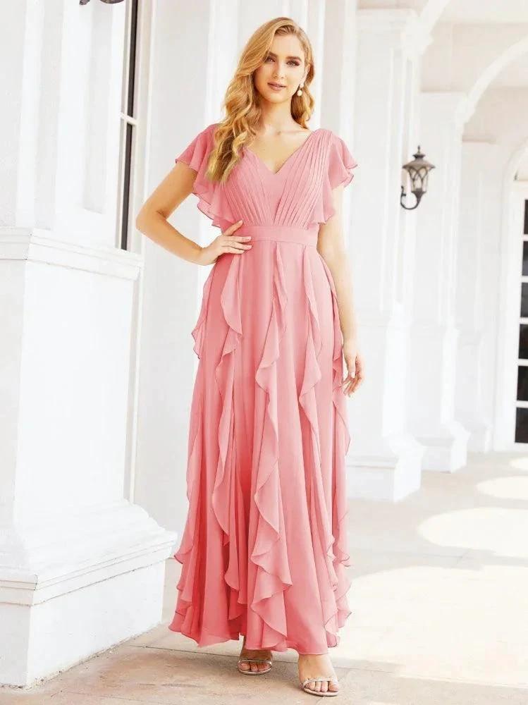 Ruffled Bridesmaid Dresses with Sleeves Long Formal Party Dress 28041