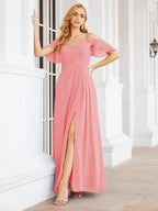 Numbersea Cold Shoulder Long Bridesmaid Dresses Side Slit Formal Prom Gowns Party Wedding 28070