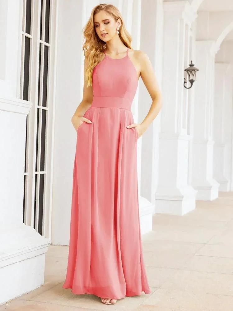 Numbersea Halter Bridesmaid Dresses with Pockets Sleeveless Formal Evening Party Prom Gowns  28055
