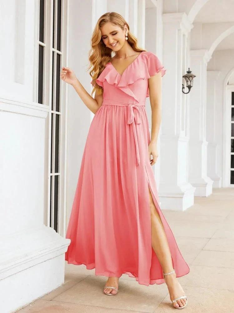 Bridesmaid Dresses with Flutter Sleeves Formal Evening Party Prom Gowns 28044