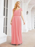 Numbersea V-Neck Bridesmaid Dresses Long Cap Sleeves Prom Evening Formal Gowns 28071