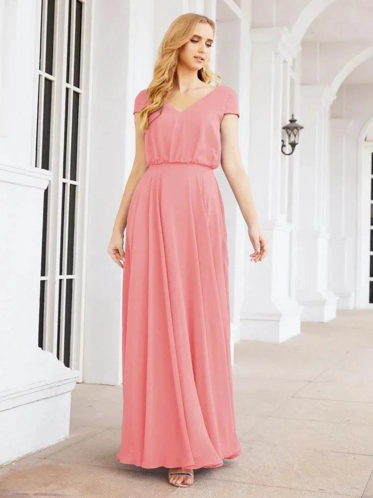 Numbersea V-Neck Bridesmaid Dresses Long Cap Sleeves Prom Evening Formal Gowns 28071