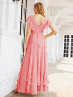 Ruffled Bridesmaid Dresses with Sleeves Long Formal Party Dress 28041