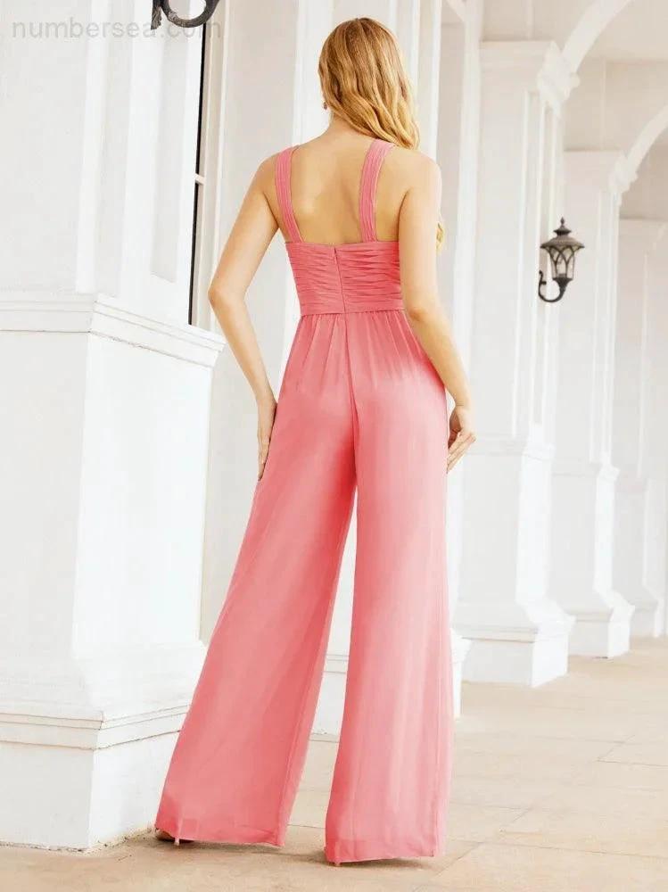 Numbersea Crisscross Neck Jumpsuit Formal Evening Dress Long Bridesmaid Dresses Bell-bottomed Pants 28033