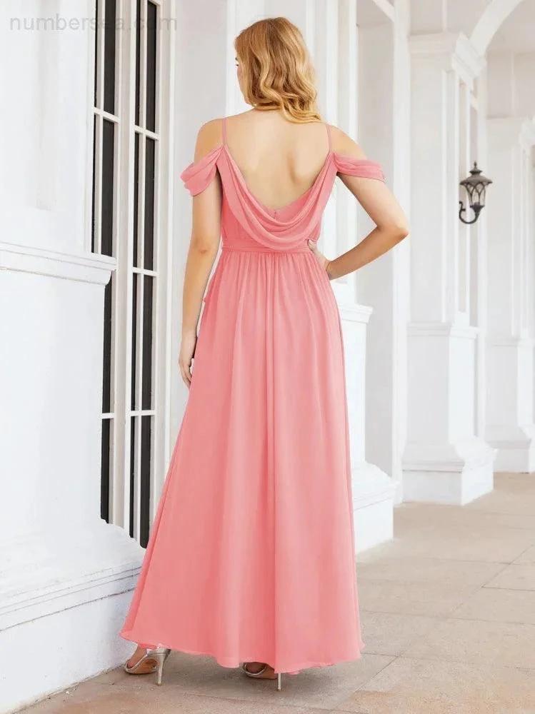 Numbersea Off The Shoulder Chiffon Bridesmaid Dress Long Formal Graduation Gown with Cowl Back 28069