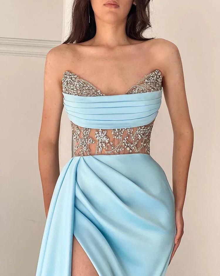 Sky Blue Long Strapless Beadings Mermaid Prom Dress With Split