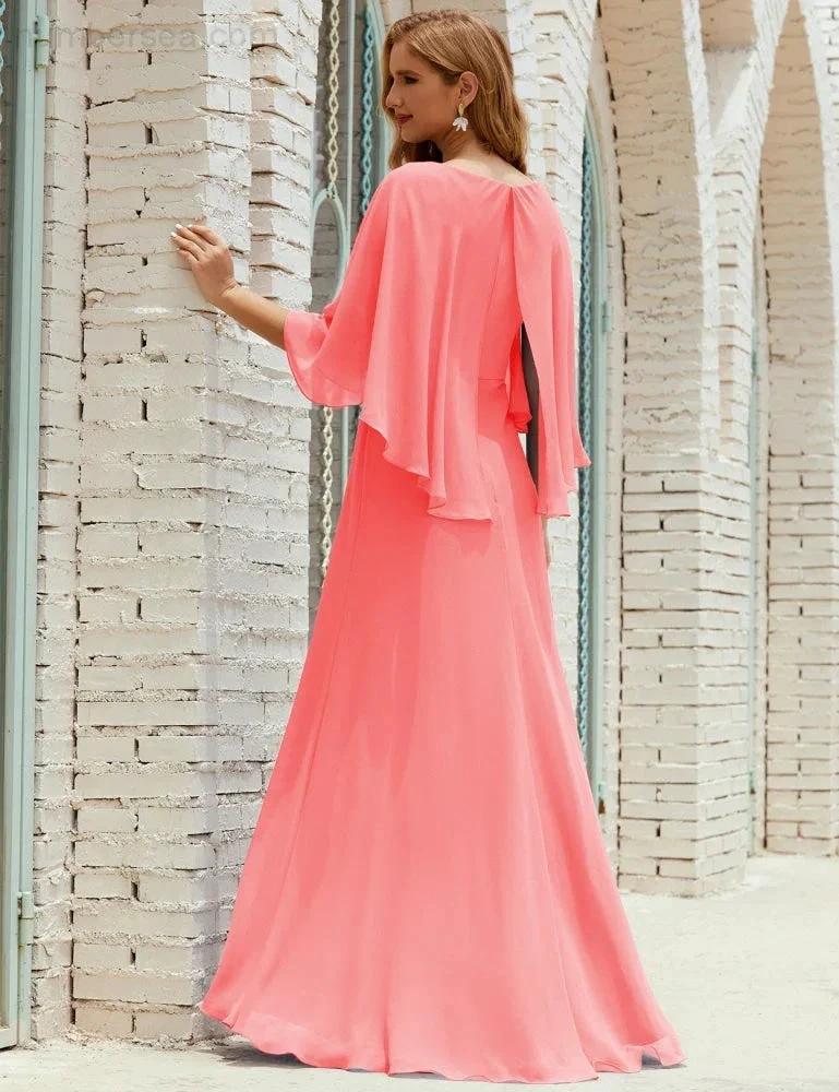 Sunnderly  Bridesmaid Dress Women Long Sleeve V-Neck Chiffon Formal Wedding Party Dress SY28018