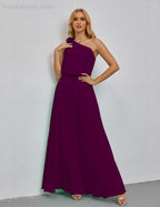 Ruffled One Shoulder Sleeveless Long Bridesmaid Dresses A-line Formal Evening Gown Side Split 28080