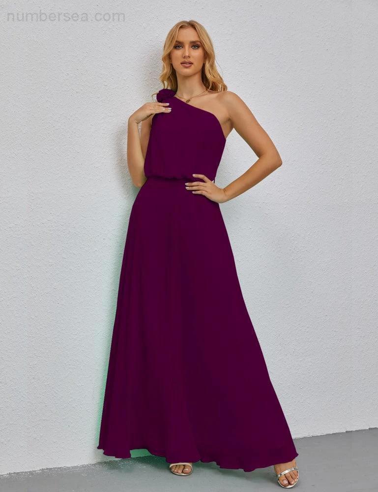 Ruffled One Shoulder Sleeveless Long Bridesmaid Dresses A-line Formal Evening Gown Side Split 28080