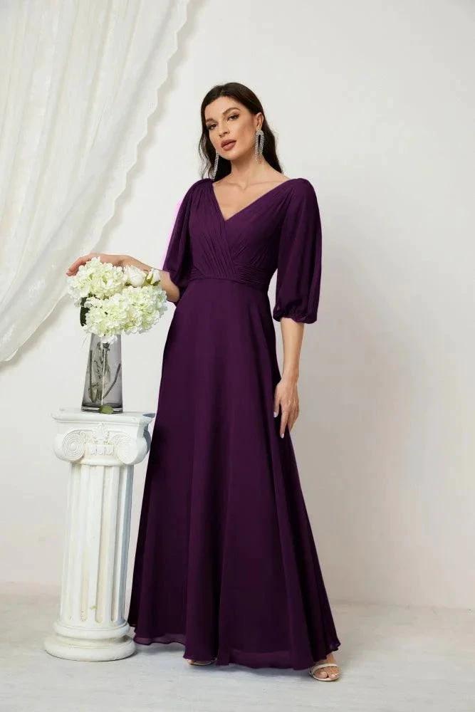 Numbersea  Formal Prom Gown Women V-Neck Chiffon Bridesmaid Dresses Long Bishop Sleeve Party Dress 2807