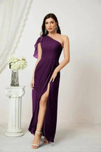 Numbersea  Chiffon Ruffled One Shoulder Long Bridesmaid Dresses A-line Formal Evening Gown Side Split 2809