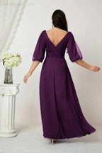 Numbersea  Formal Prom Gown Women V-Neck Chiffon Bridesmaid Dresses Long Bishop Sleeve Party Dress 2807