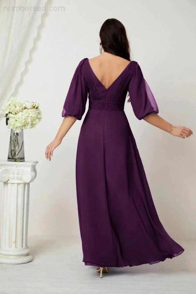 Numbersea  Formal Prom Gown Women V-Neck Chiffon Bridesmaid Dresses Long Bishop Sleeve Party Dress 2807