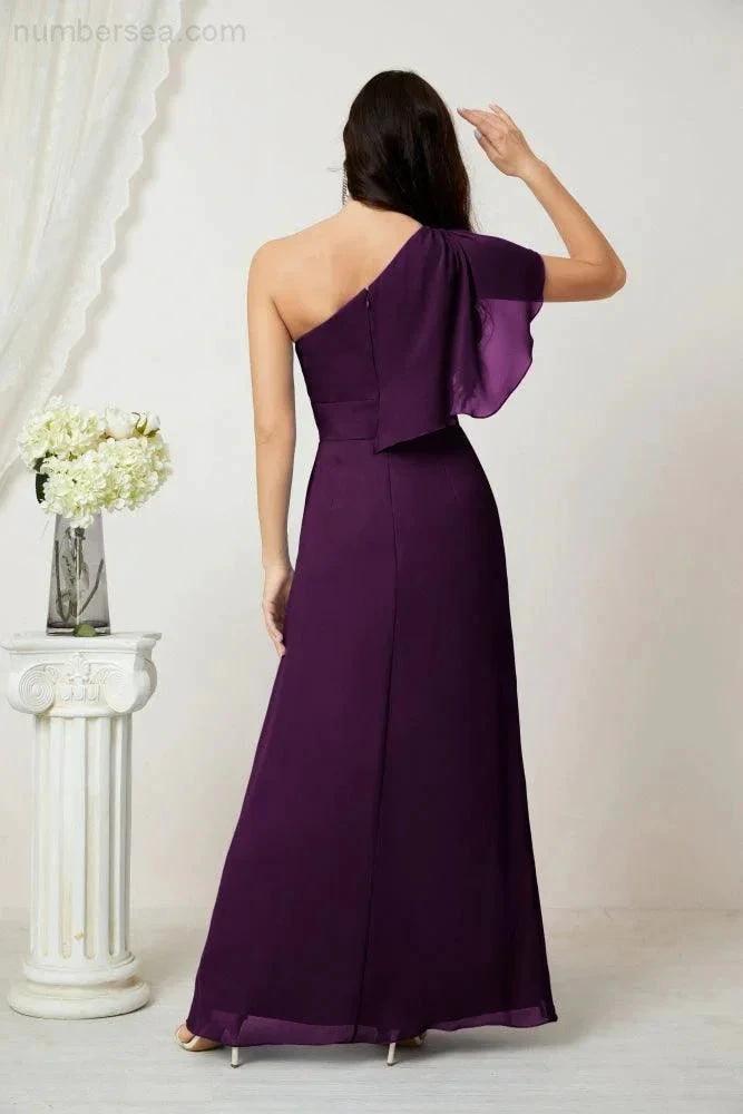 Numbersea  Chiffon Ruffled One Shoulder Long Bridesmaid Dresses A-line Formal Evening Gown Side Split 2809