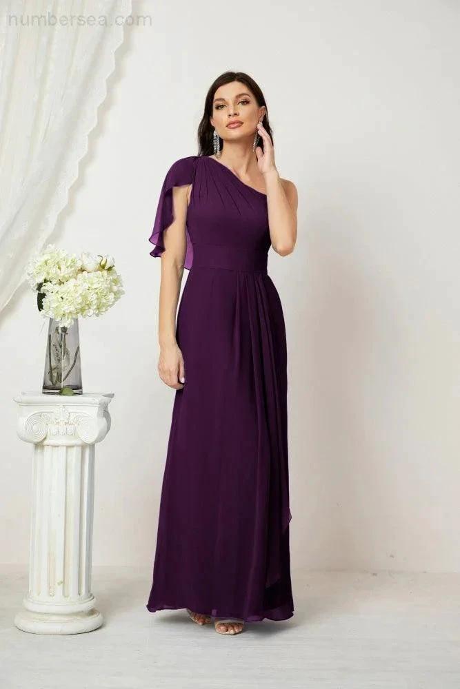 Numbersea  Chiffon Ruffled One Shoulder Long Bridesmaid Dresses A-line Formal Evening Gown Side Split 2809