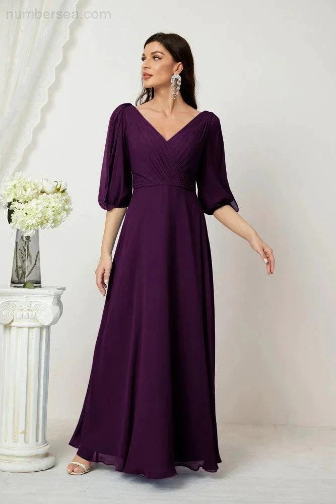 Numbersea  Formal Prom Gown Women V-Neck Chiffon Bridesmaid Dresses Long Bishop Sleeve Party Dress 2807