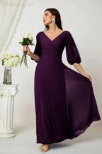 Numbersea  Formal Prom Gown Women V-Neck Chiffon Bridesmaid Dresses Long Bishop Sleeve Party Dress 2807