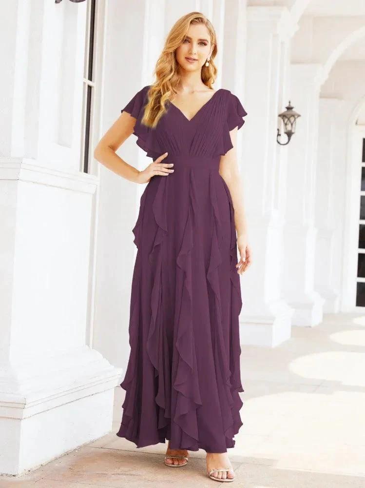 Ruffled Bridesmaid Dresses with Sleeves Long Formal Party Dress 28041