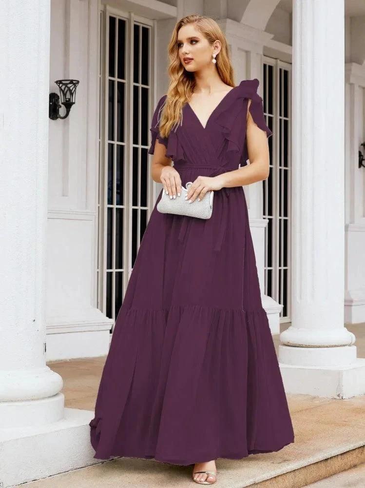 Numbersea Women's Open Back Formal Evening Party Prom Gowns V-Neck Long Chiffon Bridesmaid Dresses with Waist Belt 28038