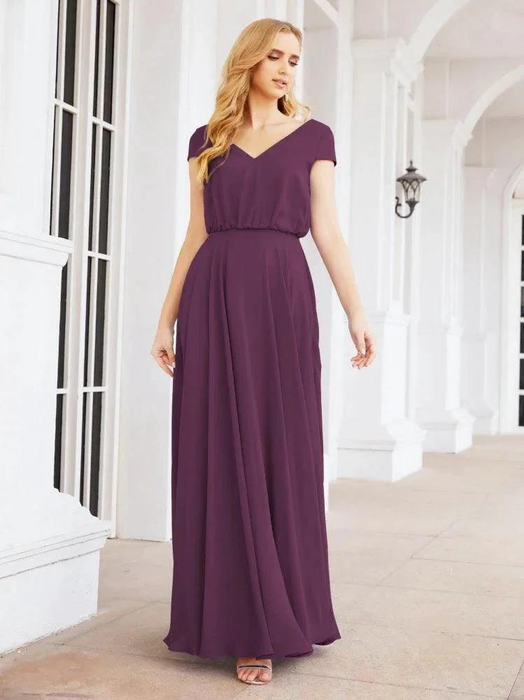 Numbersea V-Neck Bridesmaid Dresses Long Cap Sleeves Prom Evening Formal Gowns 28071
