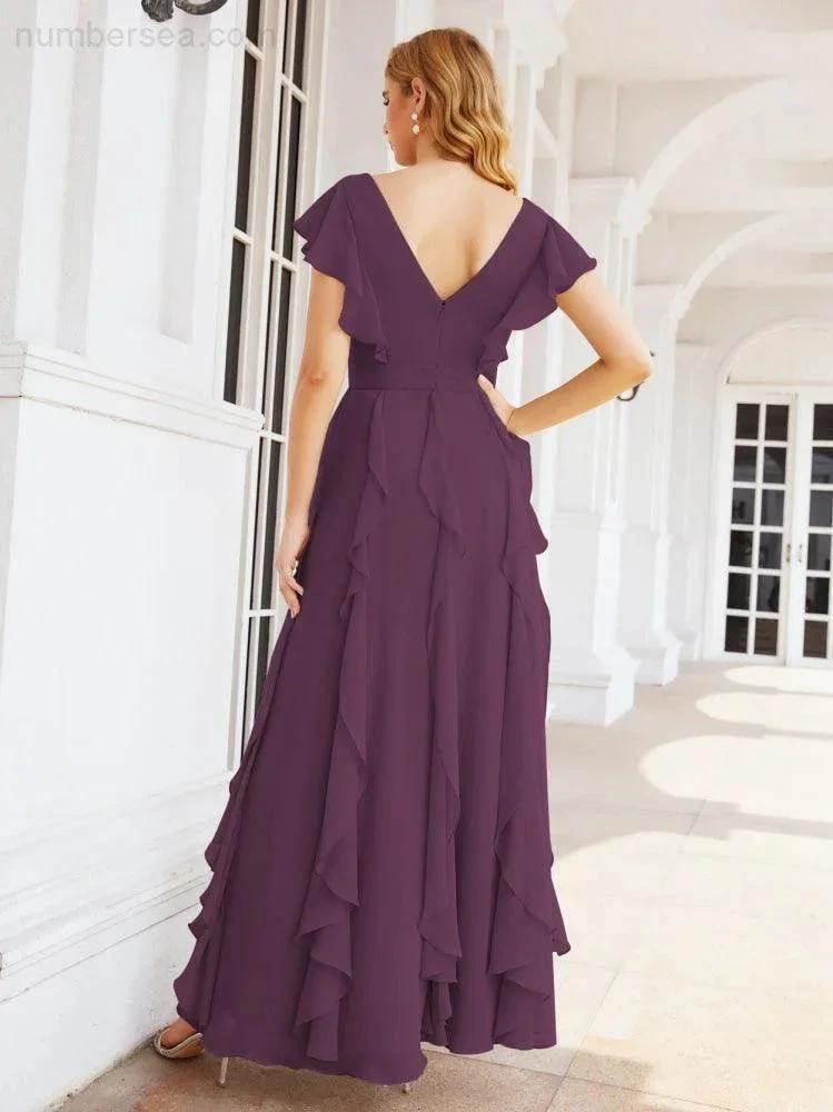 Ruffled Bridesmaid Dresses with Sleeves Long Formal Party Dress 28041