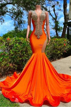 Orange Long V Neckline Sleeveless Beads Mermaid Backless Prom Dresses