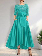 A-line Scoop Illusion Asymmetrical Satin Lace Mother of the Bride Dress With Bow