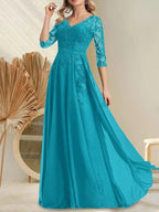 A-line V-Neck Floor-Length Lace Chiffon Mother of the Bride Dress With Sequins