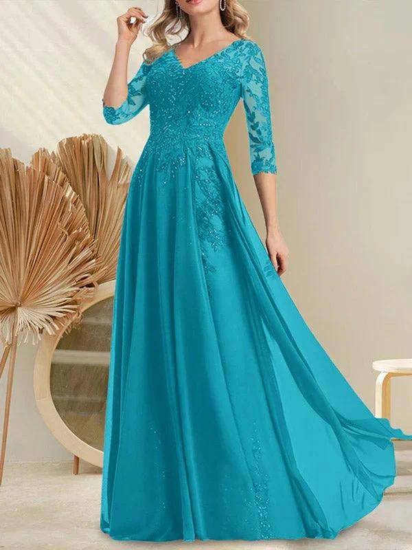 A-line V-Neck Floor-Length Lace Chiffon Mother of the Bride Dress With Sequins