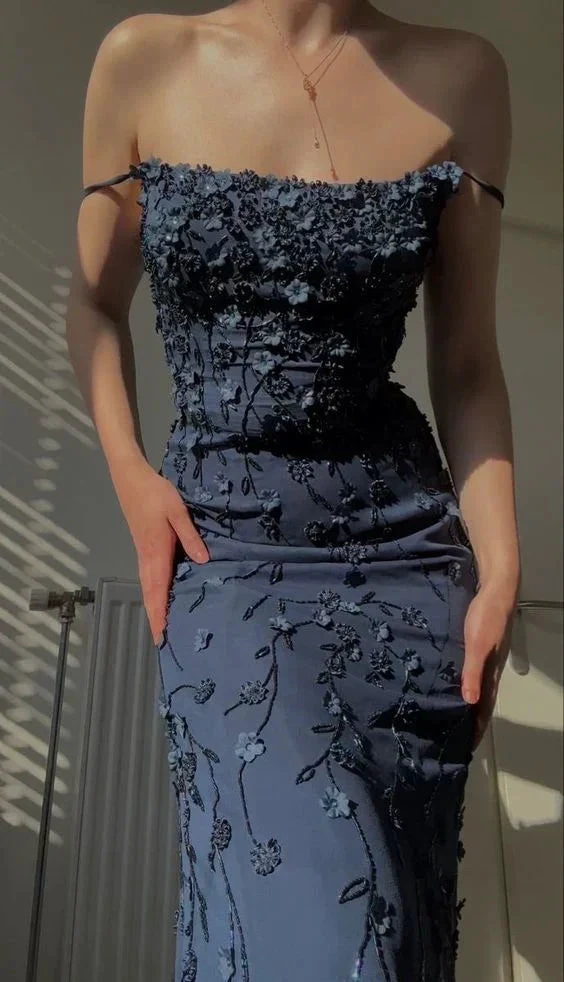 Vintage Navy Blue Spaghetti Straps Appliques Prom Dress Mermaid Birthday Outfits Evening Dress Y7456
